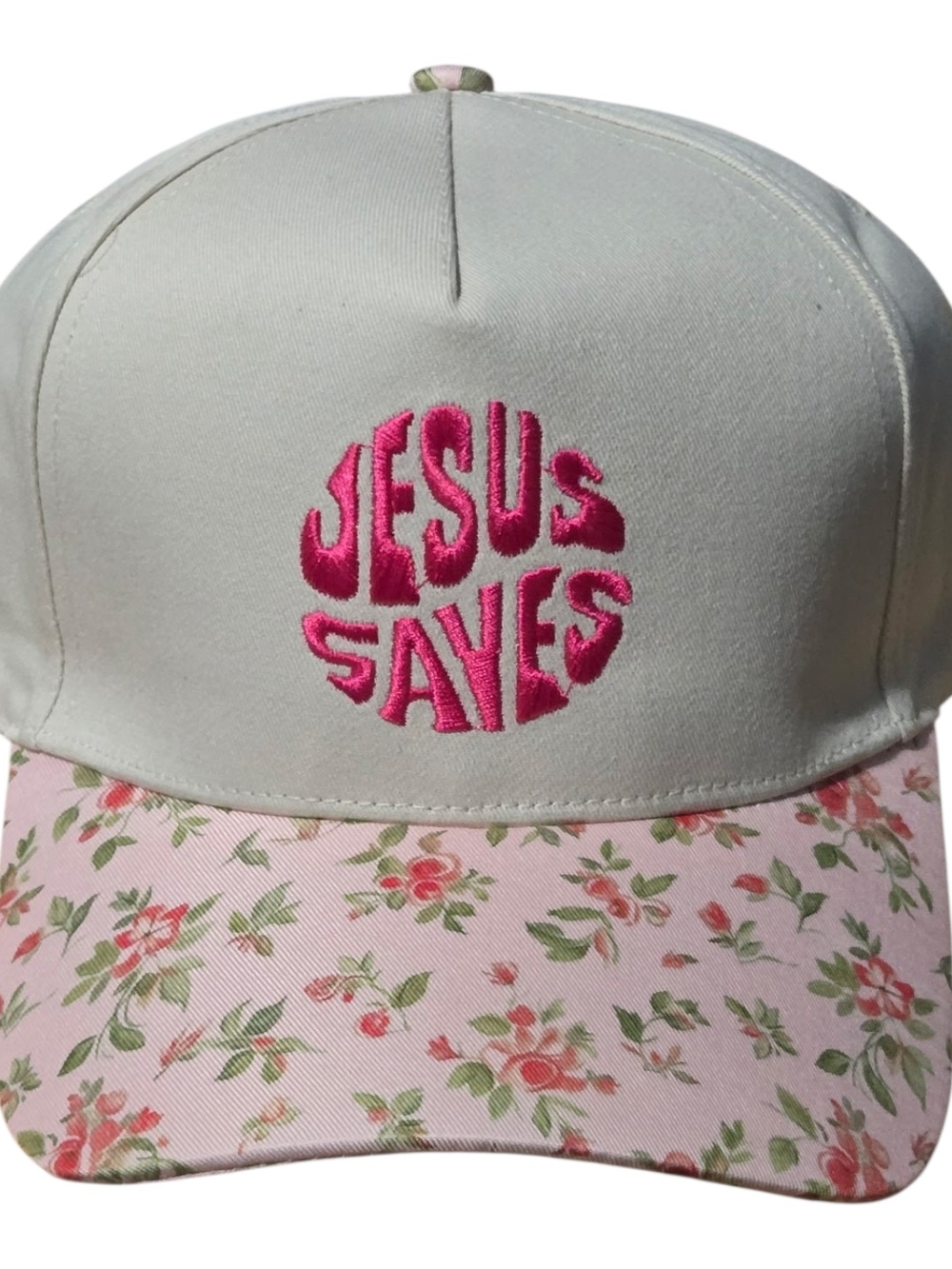 Zenana Cream and Pink 'Jesus Saves' Floral Baseball Cap
